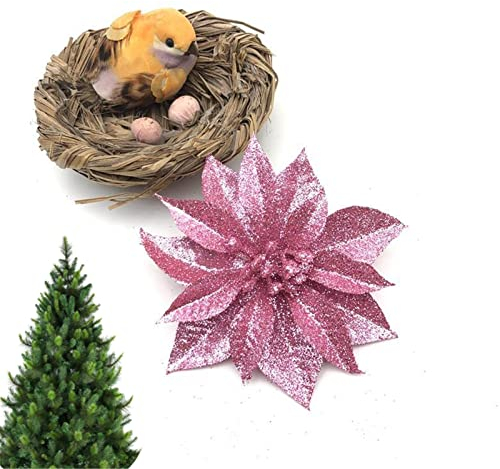 EXQULEG 10pcs Weihnachtsblume,Glitzer Weihnachtsbaumschmuck Weihnachten Blumen Dekor,Christbaumanhänger (Rosa)