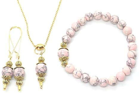 Parure da donna con bracciale, collana e orecchini in pietre naturali e dettagli in ottone dorato (Rosa)