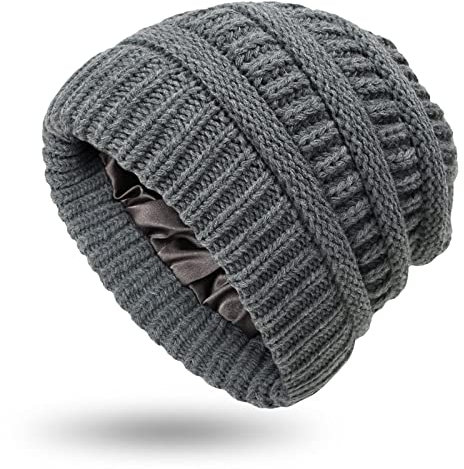Hcimooy Winter Warm Strickmütze Satin Seide gefüttert Zopfmuster Beanie Chunky Slouchy Skull Cap für Damen (Gray)
