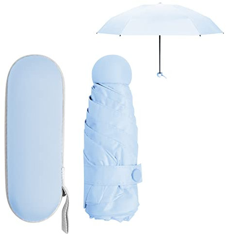 Mini Ombrello Pieghevole per Donna Uomo Bambino, Ombrello da Viaggio Piccolo Tascabile, 6 Costole Ombrellos con Custodia, Umbrella Pioggia Antivento Anti UV, Ombrello Compatto per Scuola (Blu)