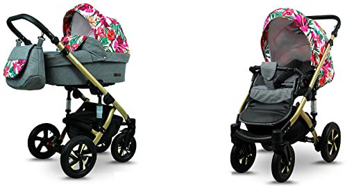 BabyLux® Sky Lark 2-in-1 Baby Kinderwagen Tief und Kinderwagen mit Zubehör Verstellbar und faltbar Aluminiumkonstruktion Wasserdicht Nicht abnehmbare Räder Grey Flex Hibiscus Gold Frame