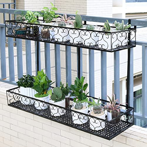 Yesbon Balkon Blumentopf Halter Geländer Regal Eisen Balkon Pflanzenregal, Eisen Balkon HäNgenden Blumenregal TopfstäNder Pflanzenlager GeläNder Regal Dekoration, Schwarz,A,100x25x12cm