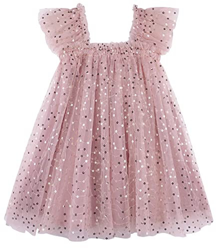 AGQT Bébé Filles Robe Tutu Manches À Volants sans Manches Princesse Tulle Tutu Robe Fête d'anniversaire De Mariage Dentelle Mini Couches Robe Perles Dorées Pâte De Haricots Rose Taille 18-24 Mois