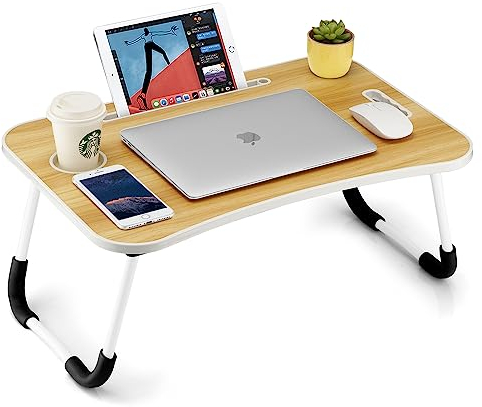 FISYOD Faltbarer Laptoptisch, tragbarer Schoßschreibtisch, Betttisch, Laptopständer mit Getränkehalter & Tablet-Steckplatz & Hebegriff zum Arbeiten, Schreiben, Zeichnen & Essen (Holz)