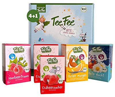 TeeFee | Bio-Kindertee Set mit 4 leckeren Tee-Sorten + 1 Packung gratis | DE-ÖKO-001 | Zucker- & kalorienfrei | Kräuter-, Honigbusch-, Himbeer- & Erdbeer-Tee
