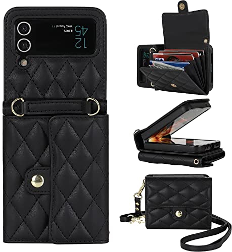 XIZYO für Samsung Galaxy Z Flip 4 Leder Crossbody Brieftasche Klapphülle mit Verstellbarem Abnehmbarem Umhängegurt, für Frauen Mädchen Niedlich Luxus Handyhülle mit Kartenhalter, Schwarz