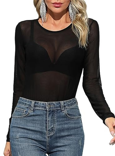 Tuopuda Bodis Mujer Manga larga Manga Corta Bodysuit Estiramiento Ropa Body de Tanga Elegantes Malla Elástico Mono Leotardo Jumpsuit Sexy Tops(Negro-1,M)