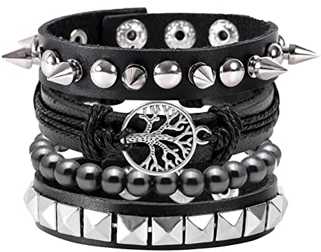 MILAKOO 4 Stk.gewebtes Lederarmband Holzperlenmanschette Herren Nieten Punk Wickelarmband Set,B18