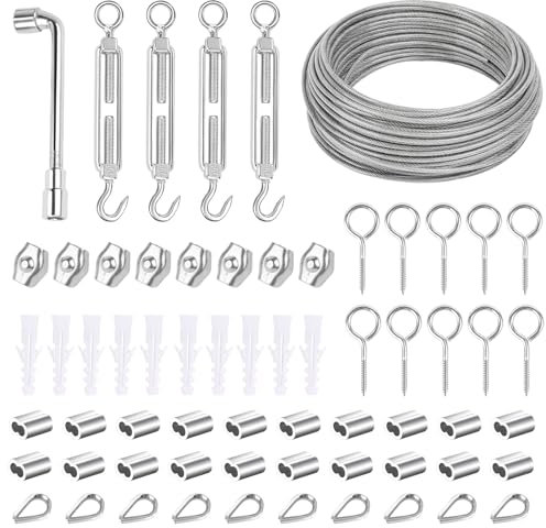 talifoca 30m Φ 3mm Cavo Acciaio Inossidabile, 60 Pezzi Kit Fune Acciaio, Fune in Filo Acciaio Nylon Rivestito, Cavo Corda in Acciaio Inox con Tenditore