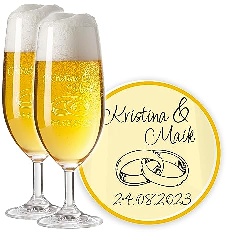 LALALO Leonardo Hochzeit Bierglas Geschenk-Set (2 St.) graviert, Biertulpe/Pilstulpe mit Gravur personalisiert als Hochzeitsgeschenk, Hochzeitstag, Standesamt (Ringtraum)