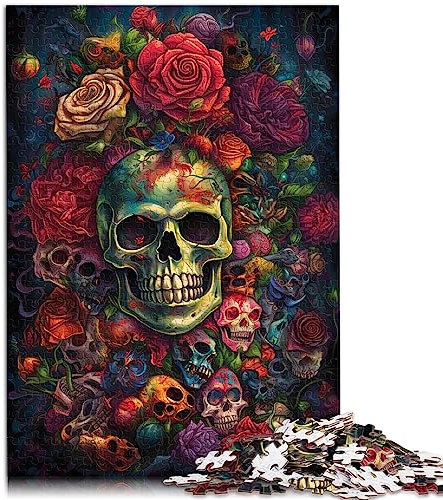 Puzzles Tête de Mort et Roses Tête de Mort Rose Puzzle Adulte 1000 Puzzle en Bois pour Adultes Famille Jeux Amusants en Famille Taille: 50x75cm