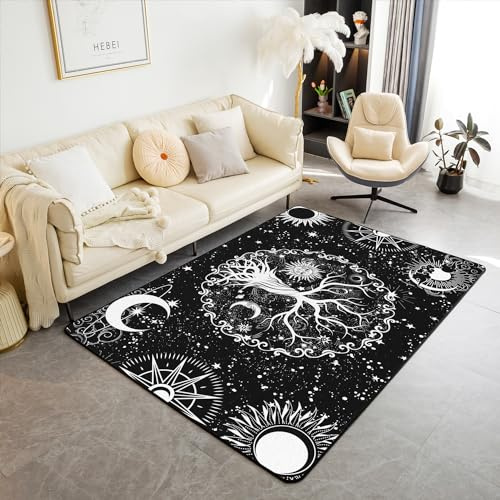 Homewish Tapis de Salon 150x200 Arbre de Vie, Tapis de Sol Hippie Soleil et Lune, Tapis Décoratif Noir et Blanc Astrologie Antidérapant, Tapis D'Accent Galaxie Espace Étoiles Constellations Chambre