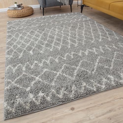 THE RUGS Modern Moroccan Design Living Room and Bedroom Rugs, Non-Shedding & Easy Care (Tangier Grey/Ivory, 200x290 cm)