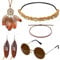 Cindeer 5 Stück Indianer Hippie Kostüm Set inklusive Boho Hippie Stirnband Armband Retro Runde Sonnenbrille Feder Ohrringe Feder Anhänger Halskette Vintage Stamm Mottoparty Karneval für Damen