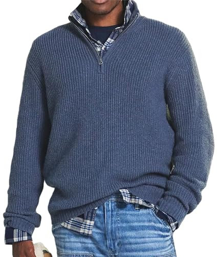 Maglione da uomo in cashmere casual con cerniera, maglione da uomo con cerniera a 1/4 con collo a lupetto, Blu, XXX-Large