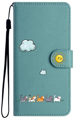 AOSBUTURY iPhone 12 Mini Hülle, Stoßfeste Handyhülle,Etui Flip Case[Verdicktes TPU][Standfunktion] [Kartenfach] PU Leder Klapphülle für iPhone 12 Mini (5.4 Zoll),Grün&Katze