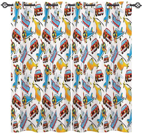 ANHOPE Cartoon Auto Flugzeug Schiff Verdunklungsvorhänge mit Ösen Blickdichte Gardinen Blackout Curtain Thermo Vorhänge Kinder Jungen Mädchen Schlafzimmer Wohnzimmer Vorhang 2er Set H 160 x B 117 cm