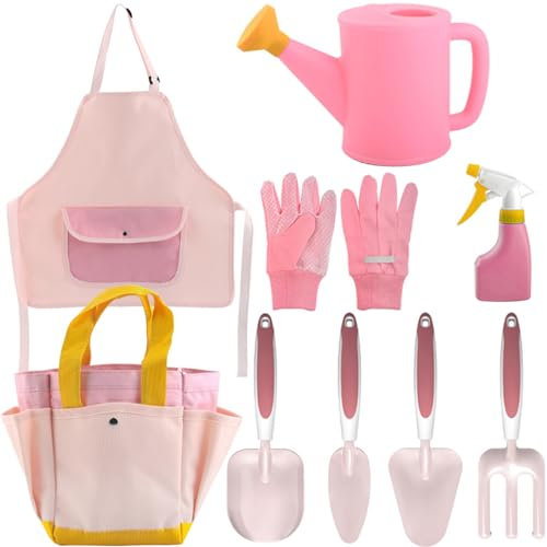 9pcs Ensemble de Jardinage pour Enfants, Ensemble de Jardinage pour Les Tout-Petits incluent l'arrosage de la boîte, des Gants, de la Pelle, du râteau, du Sac fourre-Tout du Jardin, du Tablier,