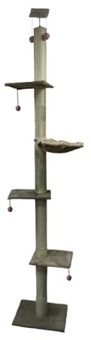 TresGatos, Árbol rascador para Gatos, Torre Rascador Gatos,Poste rascador Grande, Suelo a Techo, 240cm-270cm. Fabricado España 5 Pisos Columna sisal Gruesa Bolas Colgantes,con Cama, (Beige)