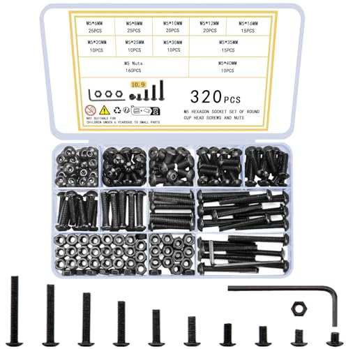 woshilaoDS 320 Pezzi Viti e Bulloni e Dadi a Testa Esagonale Kit, M5 Viti Bulloni e Dadi Set, Nero Vite a Brugola Cilindrica con Esagono Incassato, Vite Testa Bottone Brugola