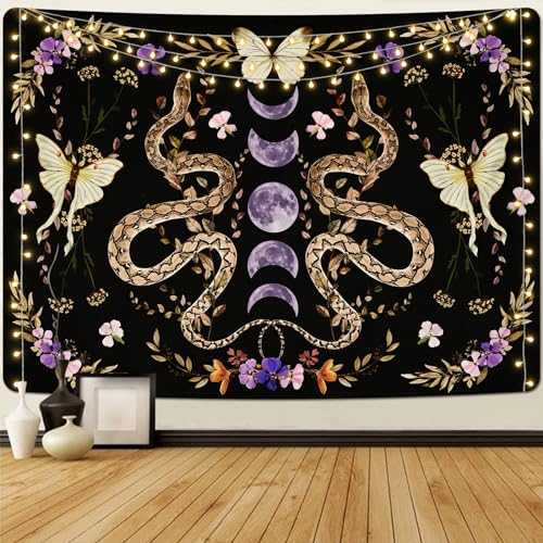 Alishomtll Snake Wandteppich, Schwarze Mondphase Schmetterling Floral Wandbehang, Motte Natürliche Ästhetik Dekorative Wandtuch, Schlafzimmer Quartier Wandteppich Schwarz Violett 150x130cm