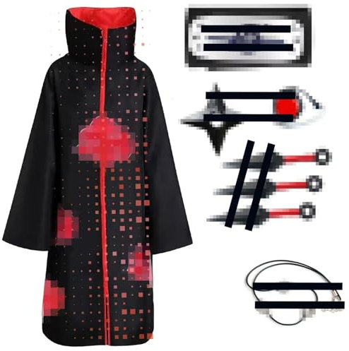 ATOWORLD Akatsuki Mantel für Kinder Erwachsene Cosplay Itachi Kostüm 8 Stück Zubehör Uchiha Itachi Cosplay Akatsuki Kostüm Umhang Karneval Faschingskostüm für Kinder Jungen Mädchen Herren Damen XL