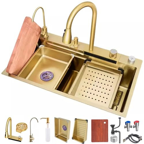 FIVIXIL Fregadero de cocina rainfall single groove fregadero con grifo de extracción, lavavajillas presurizado, tabla de cortar, cesta de drenaje, así como otros accesorios (Gold, 68 * 45 * 21cm)