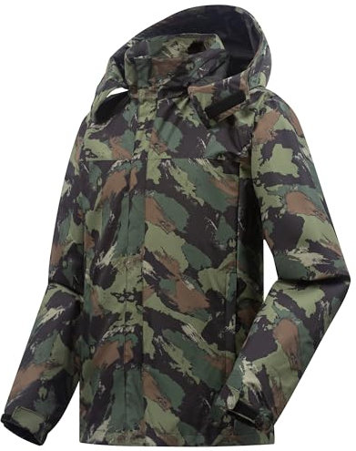 ANAYSN Herren Regen Jacke mit Kapuze wasserdicht leichte Jacke und Reißverschlusstaschen Regenmantel für Outdoor Camping Wandern (Camo, L)