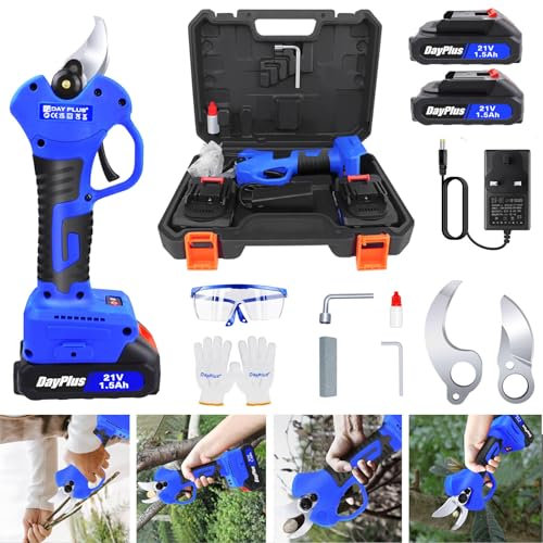 Sécateur électrique 21V sans balais Ciseaux de jardin sans fil 500W Diamètre de coupe de 28 mm pour les branches d'arbres avec 2 piles rechargeables, mallette de transport