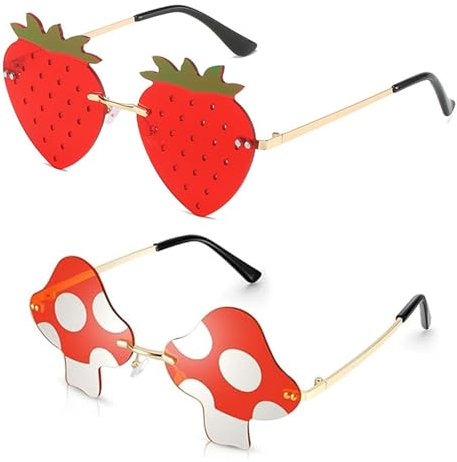 SLAXJNE 1 Stück Erdbeer-Sonnenbrille Und 1 Stück Pilz-Sonnenbrille, Kreative Randlose Brille, Party-Sonnenbrille, Trendige Sonnenbrille, Abschlussball-Brille, Anzieh-Accessoires, Modische Brille