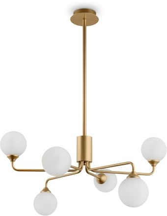 Licht-Erlebnisse Deckenleuchte Kugel Schirm Glas Metall G9 B: 65 cm in Gold matt Weiß 6-flammig Retro Design Deckenlampe Esszimmer Wohnzimmer