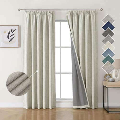 Joydeco 100% Verdunkelungsvorhänge Leinen Gardinen mit Kräuselband 2er Set H245xB140cm Hellbeige, Thermovorhang Kälteschutz Blickdicht Schallschutz Ideal für Wohnzimmer passt zu Schienensystemen