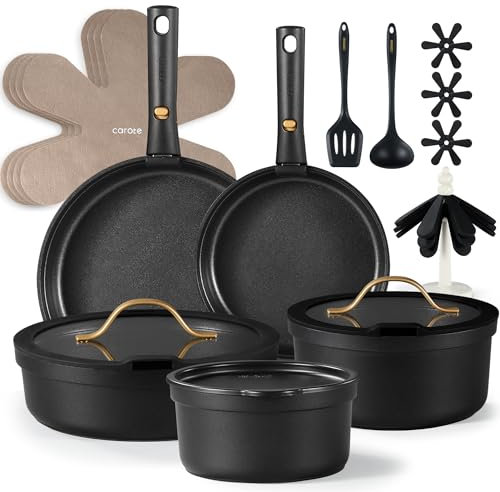 CAROTE 20pcs Pots and Pans Set Non Stick, Nonstick Cookware Set, Dishwasher/Oven/Fridge Safe Pots and Pans, Removable Handle RV Oven Safe Cookware, Induction Kitchen Set, Black