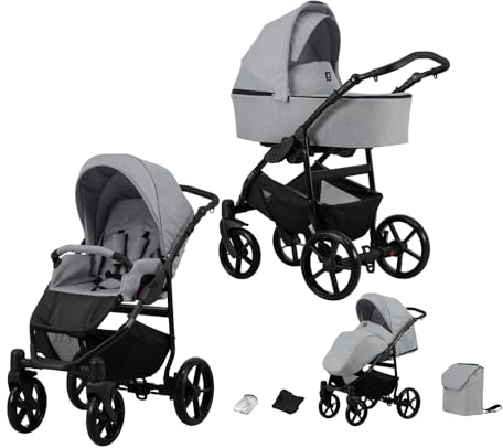 Kunert Mata Kinderwagen 2 in 1 + Zubehör mit Wippmechanismus der Babywanne Komfortabel, multifunktional und praktisch Der Aluminiumrahmen ECE R129 konform (grau/Gestell schwarz)