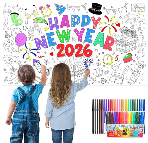 YDUNARISE Ausmaltischdecke Silvester Kinder 76 x 183 cm, Happy New Year 2026 Papiertischdecke mit 24 Farbstiften,Silvester bBschäftigung Spiele (B - Happy New Year 2026)