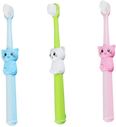 TOGEVAL 3 Stück Kinderzahnbürsten Cartoon Katze mit Weichen Borsten Tpe Material Ergonomisch für Jahre Sanfte Reinigung und Schutz von Zähnen und Zahnfleisch Farbiges Grün Rosa Blau