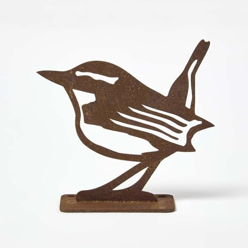 HOMESCAPES Garden Fence Topper, Decorative Rustic Metal Bird Silhouette, Durable 100% Mild Steel, Eurasian Wren Birds Garden Decor, Weatherproof Outdoor Ornament for Fences, Walls, Planters & Balcony