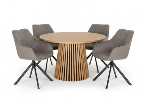 MR. DEKO Küchentisch mit Stühlen | Essgruppe Stuhl San Carlo Hellgrau | Tisch rund Oria 120cm Eiche Furnier | Esstisch mit 4 Stühlen Set | Essgruppe 5er Set | Dining Table Set 4 Chairs