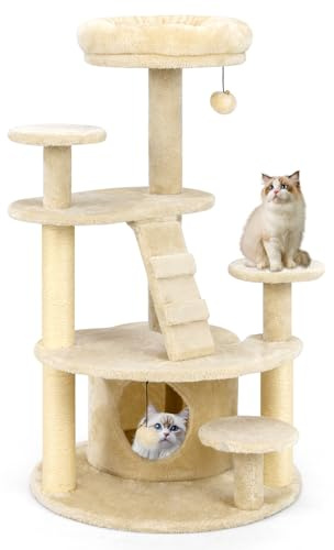 FANTASK Kratzbaum klein, Katzenkratzbaum mit Katzenhöhle, Ball, Leiter, Plattformen & Kratzsäulen, Aktivitätsbaum Katzenmöbel Kletterbaum, Katzenturm Katzen, Hellbeige