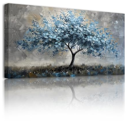 SERIMINO Tableau Decoration Murale Arbre de Vie Vintage Grand 73x146 cm | Branches Bleu Gris Brun Motif, Cadre Bois Massif, Impression HD, Installation Simple, Cadeau, Grand Format