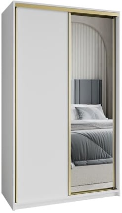 Masseno Schwebetürenschrank TAVI 120/205/60 cm Kleiderschrank mit Schubladen Schlafzimmer Schiebetürenschrank 2-türig mit Spiegel Weiß + Gold