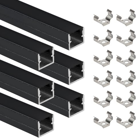 LED Aluminium Profil, 6×1M U-Form Kanal 12×10mm für Akustikpaneele mit Montageclips Schwarz Streifen Diffusor Kanal Wasserdicht Led Strip Abdeckung für Homogene Neonlicht (Schwarz, 6×1m)