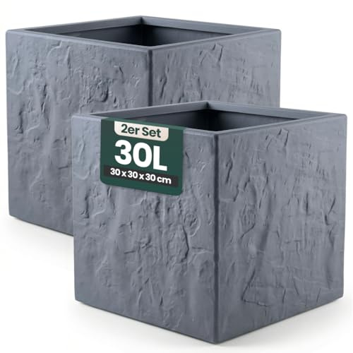 Kreher® Pflanzkübel Anthrazit/Hellgrau - Blumentopf Kunststoff Steinoptik - frostfest & UV-beständig - 30x30x30, 40x40x40, 60x30x30 cm - 1er/2er Set Balkon Garten (2, Anthrazit, 30 x 30 x 30 cm)