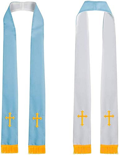 GraduatePro Klerus Stola Reversible mit Corss Figur Stickerei Quasten 229cm Unisex Chor Priester Blau Weiß