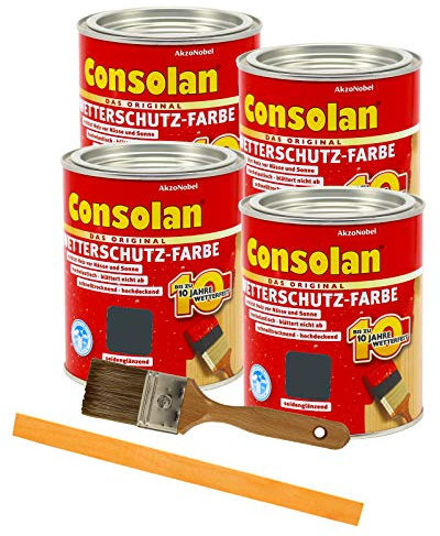 Consolan Wetterschutzfarbe deckend Holzschutzfarbe Holzfarbe bis zu 10 Jahre wetterbeständig für Holz und Zink Außen inkl. Pinsel (4 x 0,75L, anthrazitgrau Ral7016)