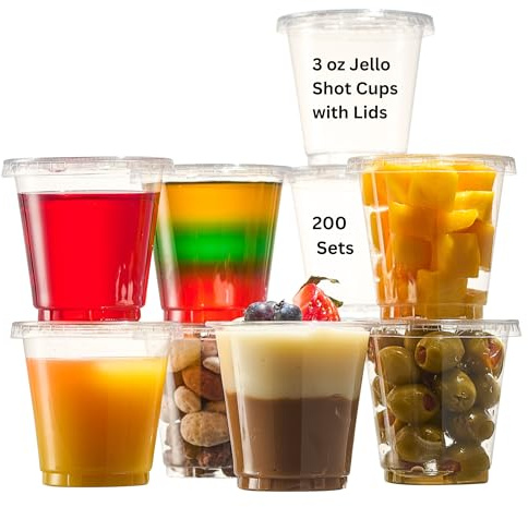 PATCHKE Jello Shot Cups with Lids 3 oz Small Condiment Containers With Lid - 200 Cups + 200 Lids - Leak-Resistant, Perfect For Disposable Dessert Cup, Plastic Fruit Pudding Cups with lids