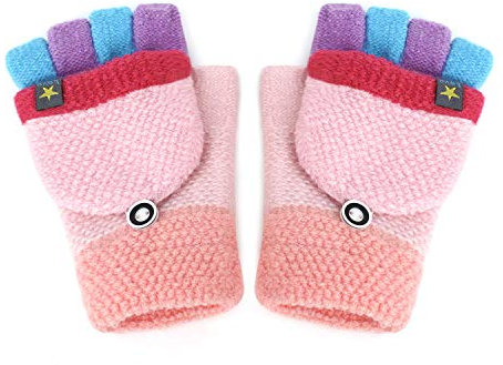 Fäustlinge mit Knopf Klappe Fingerlose Halb Handschuhe für Kinder Winter Warm Strickhandschuhe Fingerhandschuh Winterhandschuhe 2-6 Jahre alt Jungen Mädchen