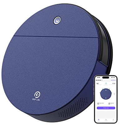 OKP Aspirateur Robot, Ultra-Mince Silencieux Auto-Recharge Laveur Connecté Alexa/WiFi/APP, Poils d'animaux, 2200Pa, pour Les Sols Durs et Les Tapis à Poils Bas