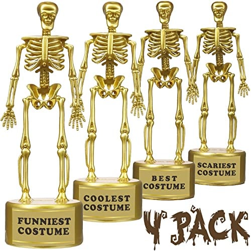 TISTON Halloween-Partyzubehör, 4 Stück, beste Kostüm-Skelett-Trophäen, lustige Trophäen mit Aufklebern und transparenter Verpackungsbox, Halloween-Kostüm-Wettbewerbsparty-Auszeichnungen