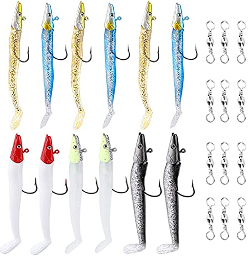 Pwsap 12Stück Angelköder Gummiköder Kunöder Gummifische Set Fische Angeln Hecht Forelle Zander Forellen Köder Jigköpfe Gummifisch Set 22g sinkender Köder schwimmender Hakenfisch Süßwasser Salzwasser